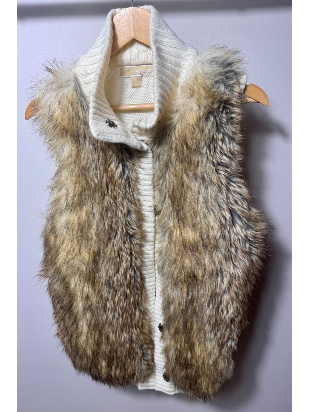 Women MICHAEL Michael Kors Faux Canadian Fox Fur Sweater Vest Wool Blend Medium
